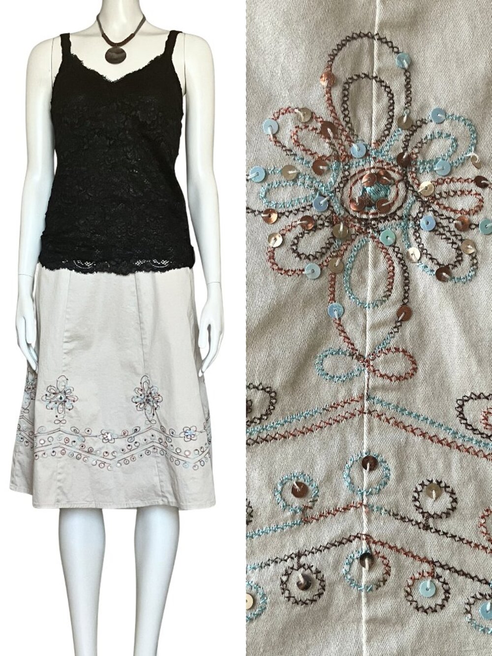 Vintage Y2K Sequin Embroidered Khaki Cotton Midi Skirt. Medium. Teal Brown Tan